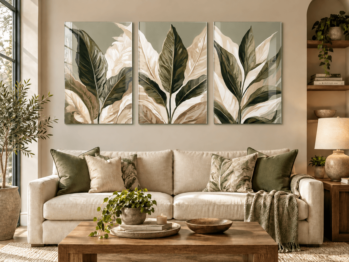 Sage green botanical leaf triptych glass wall art above a beige living room sofa with olive pillows
